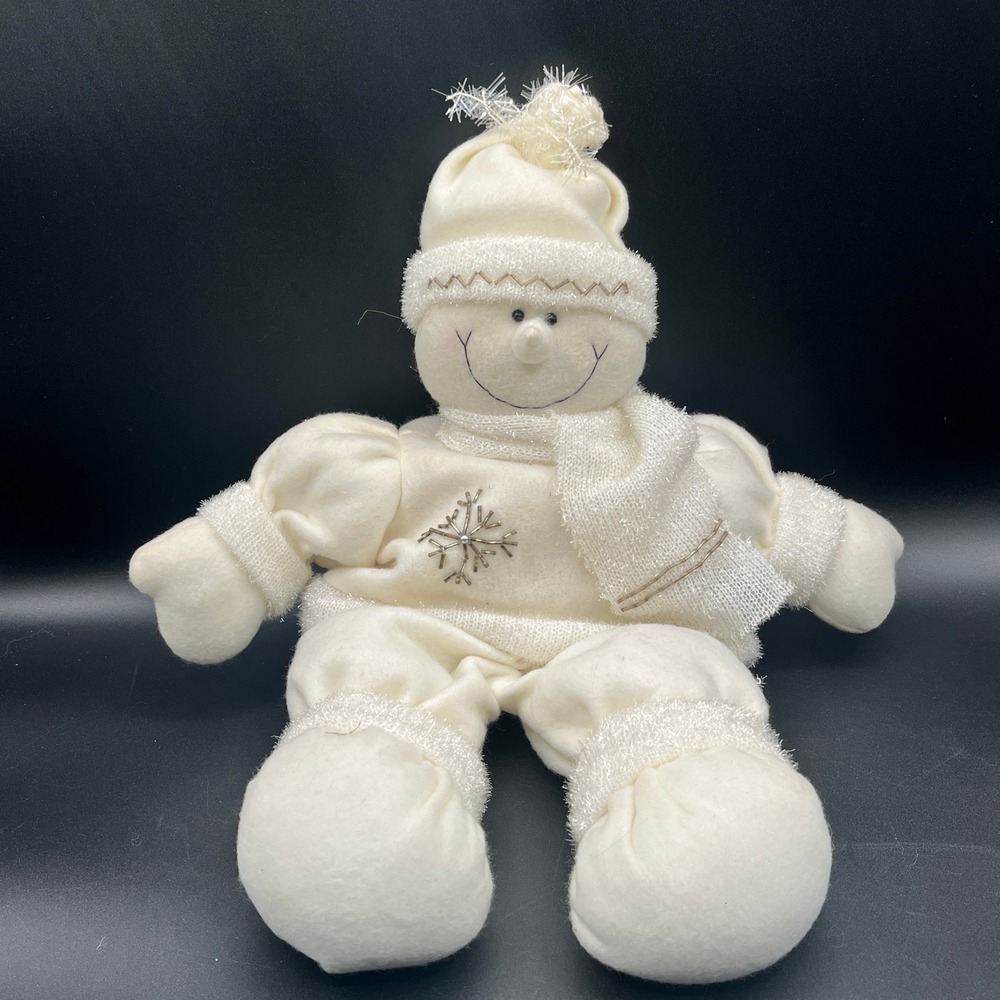 Ganz Winter White Gold Snowman Plush Holiday Decor 17" Soft Beaded Snowflake Hat